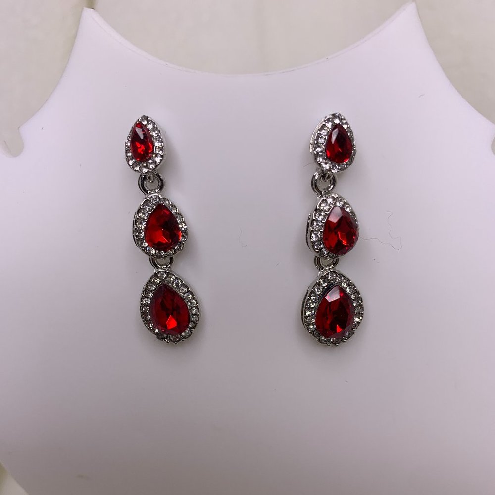 Ruby and Rhinestone Pear shaped Tear drop Earrings